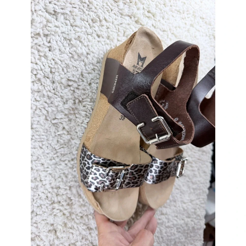 Mephisto Wedge Sandals Women 39 Brown Leopard Print Good Leather Cork Air-Relax
